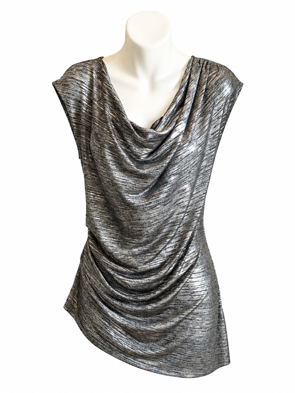 Calvin Klein Silver Metallic Drape-Neck Blouse With Asymmetrical Hem